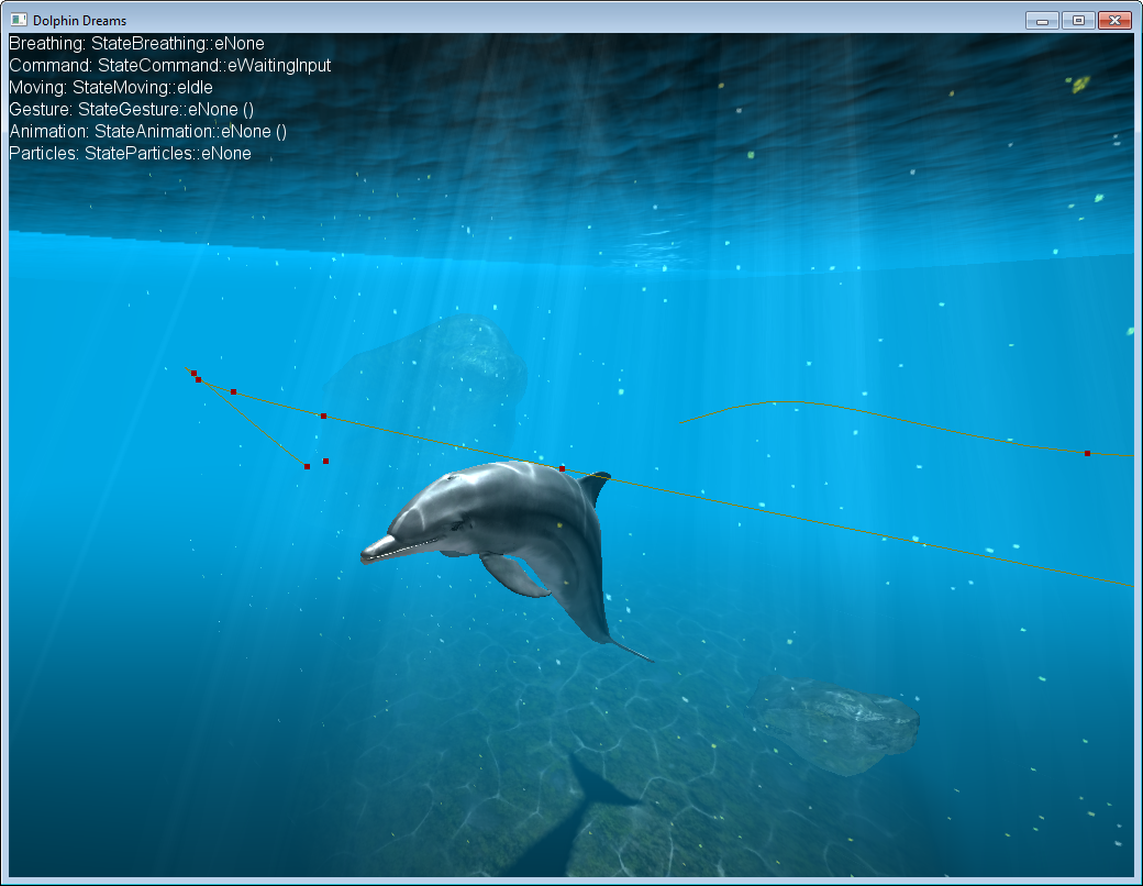 Debug lines show the path the dolphin takes through the aquarium.