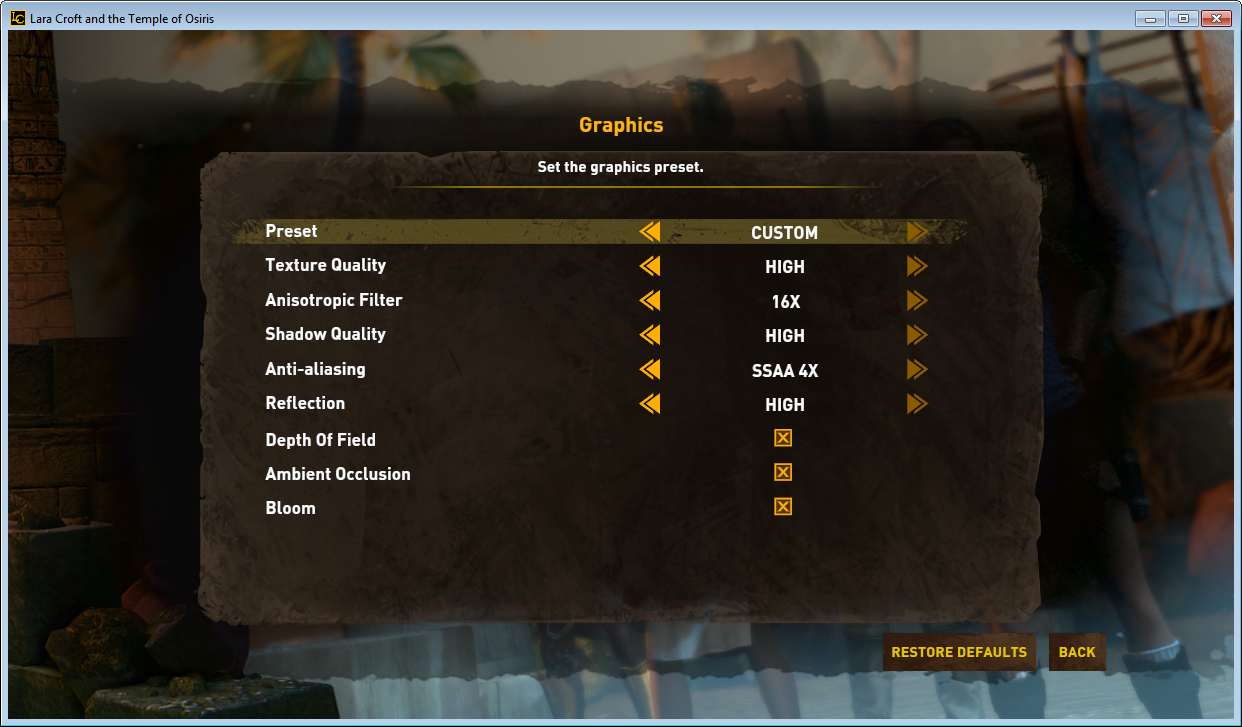 The graphics settings screen in the PC version of _Lara Croft and the Temple of Osiris_.
